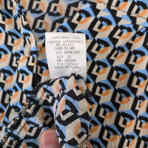 Cotton Bleu Geometric Tunic Top Women's Plus Sz 3X Ruffle Trim Long Puff Sleeve - Picture 7 of 10